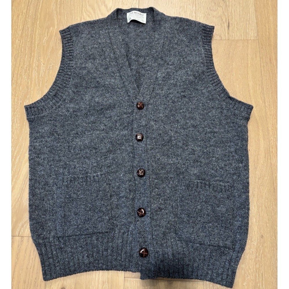 Vintage The Moors Lord Jeff Shetland Wool Cardigan Sweater Vest Gray Mens Large